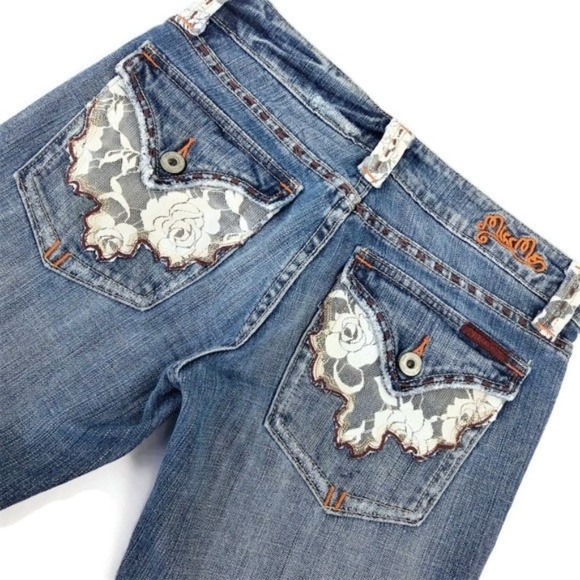 Miss Me Flare Boho Lace Festival Distress Jeans 27 - Picture 2 of 7